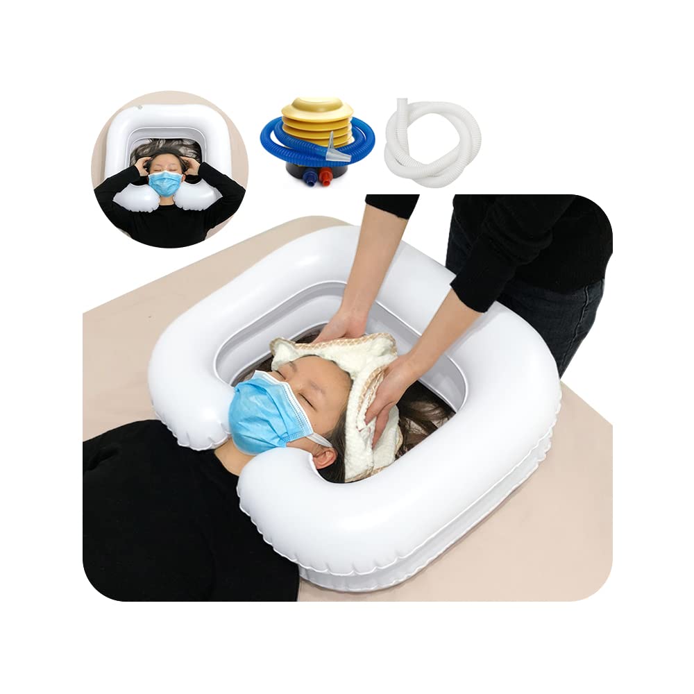 Inflatable Hair Washing Basin Portable Shampoo Bowl Hair Washing Sink for Bedridden Shampoo in Bed Inflatable Bedside Hair Wash Tub Head Washer for Disabled Handicapped - with Pump & Drain Hose