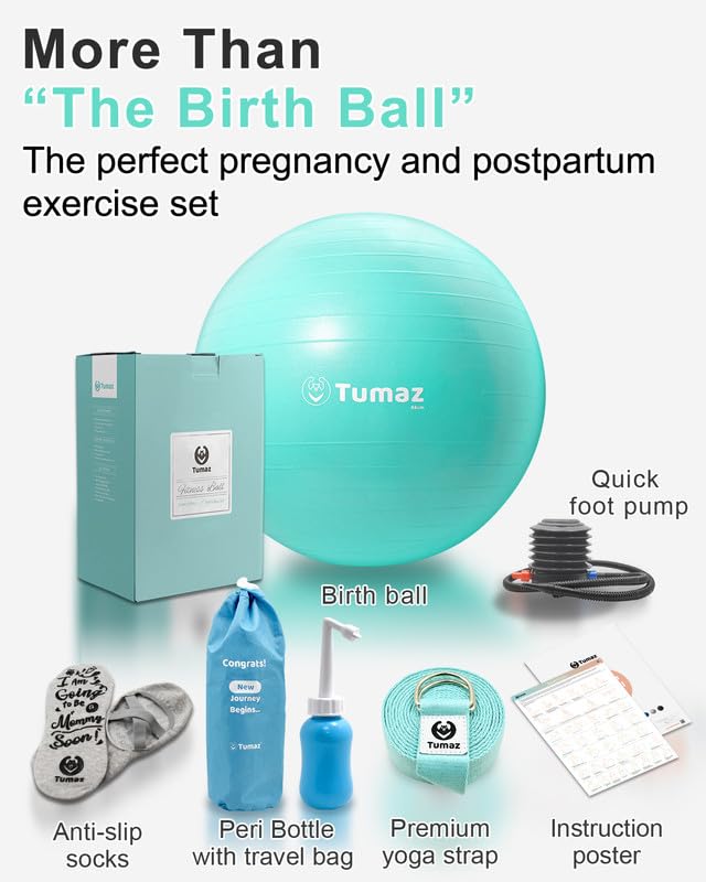 Birth Ball - Birthing Ball for Pregnancy & Labor - Including Birthing Ball/Peri Bottle/Yoga Strap/Non-Slip Socks - Pregnancy Ball for Exercises Set with Quick Foot Pump & Instruction Poster