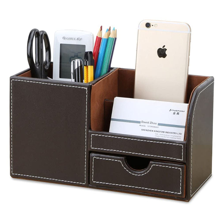 Desk Organizer Office Supplies Caddy Pu Leather Multi-function Storage Box Pen/Pencil,Cell phone, Business Name Cards Remote Control Holder with Small Drawer Brown