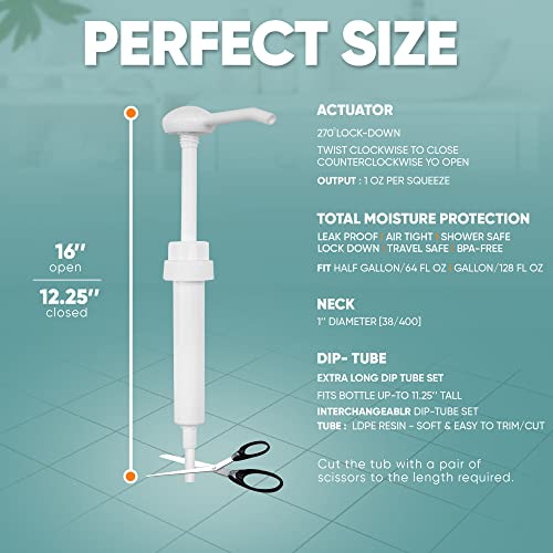 Gallon Pump Dispenser - Dispenses 1 Ounce Per Stroke - for Plastic or Glass Bottles – Heavy-Duty Leak Proof for Commercial and Household Use – BPA Free 28/400 (Pack of 2)