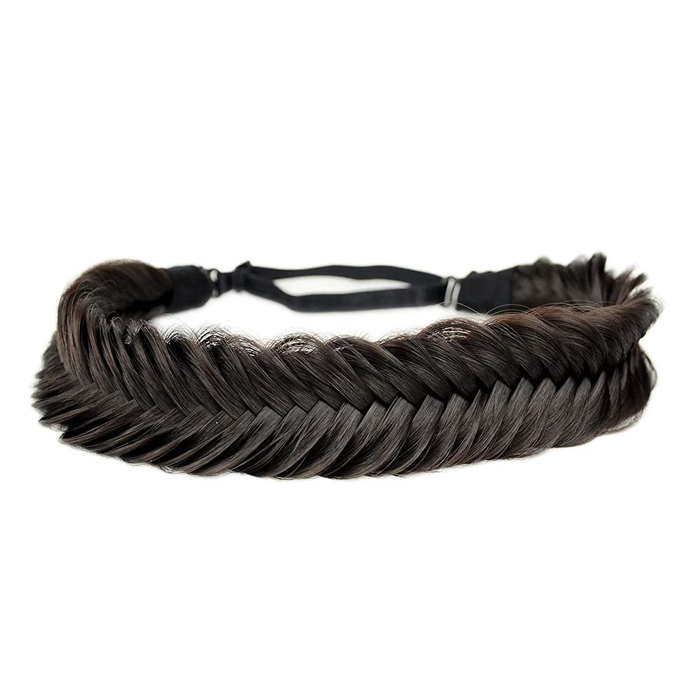 Wide Fishtail Headband for Women Synthetic Hair Plaited Braids Elastic Stretch Fishtail Headband (Deep Brown)