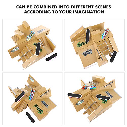 Fingerboard Skate Park Set 18 Pcs - Finger Skateboard Deck Ramp Set 8 Pieces Bigger & Mini Finger Toys Kit Handboards Scooter Skates Bike Caster Board Skateboards for Kids Gifts