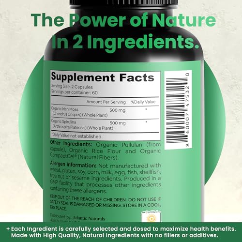 Sea Moss with Spirulina Superfood Capsules - Multivitamin Supplement Supports Healthy Iron and Immune Health, Alternative to Seamoss Gel and Powder - Irish Sea Moss Capsules (120 ct)