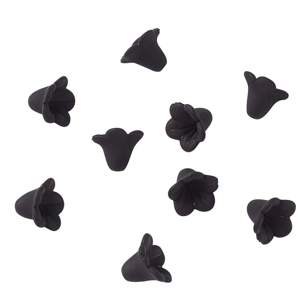 Pandahall 100pcs Black Transparent Frosted Acrylic Beads Trumpet Flower Bead Caps DIY Jewelry Making 14x10mm