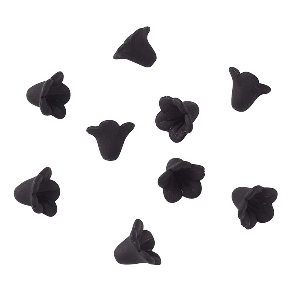 Pandahall 100pcs Black Transparent Frosted Acrylic Beads Trumpet Flower Bead Caps DIY Jewelry Making 14x10mm