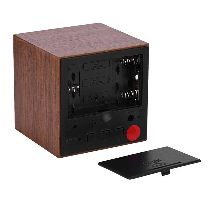 Digital Alarm Clock, LED Clock 3 Levels Brightness Modern Wooden Cube Clock Temperature Display with Voice Control for Bedrooms (Brown)