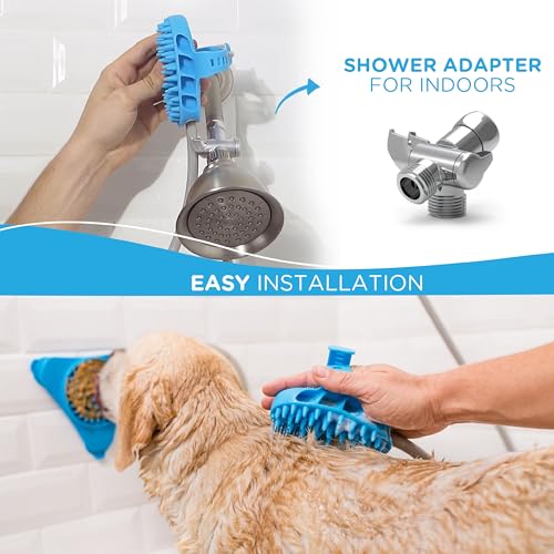 Pro Pet Bathing Tool – Large Sprayer and Scrubber in One – Works with Indoor Shower or Outdoor Garden Hose – for Large Dog and Cat Grooming – Hose and Shower Adapters Included & 8 Foot Hose