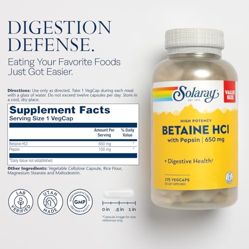 Solaray High Potency Betaine HCL with Pepsin - Hydrochloric Acid Supplement for Digestive Health - with Betaine Hydrochloride and Digestive Enzymes - Gut Health Support - 60-Day Guarantee, 275 VegCaps