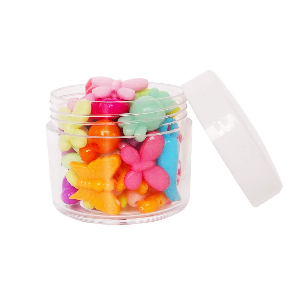 16pack 20g Empty Sample Jars, 20ml Small Plastic Refillable Cosmetic Container for Makeup Eyeshadow Jewelry Cream Slime Bath Lotions Oils, Clear Round Pot w/ WHITE Lid, Free Spatulas +Label