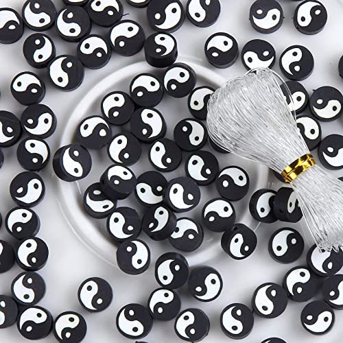 100pcs Black Yin Yang Polymer Clay Spacer Beads for Women Jewelry Making DIY Bracelet Necklace Hair Clip Accessories (Black Yin Yang)