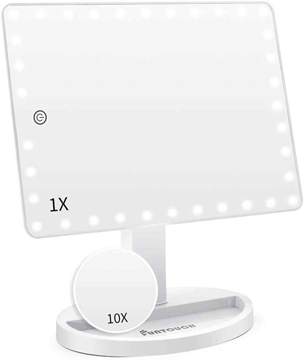Large Lighted Vanity Makeup Mirror (X-Large) with 35 LED Lights, Touch Screen Dimmable and 10X Magnification Dual Power Supply 360°Rotation Tabletop Cosmetic Mirror