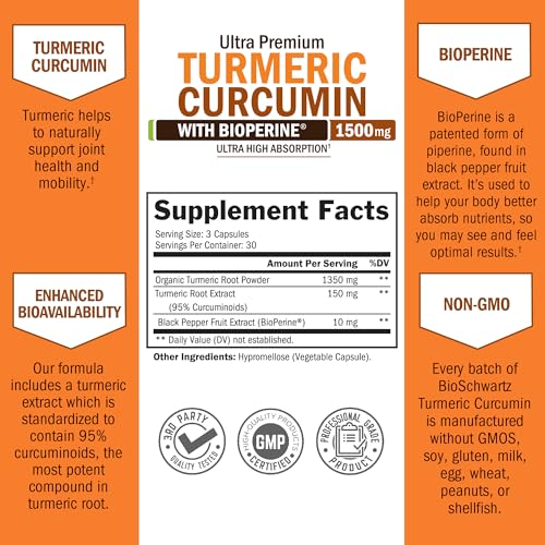 Turmeric Curcumin with Black Pepper Extract 1500mg - High Absorption Ultra Potent Turmeric Supplement with 95% Curcuminoids and BioPerine - Non GMO Tumeric Capsules for Joint Support - 90 Capsules