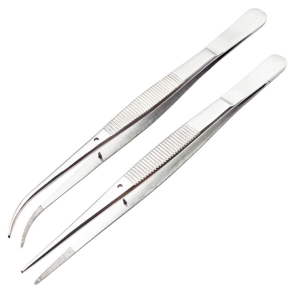 Stainless Steel Tweezer with Precision Serrated Tips and Positioning Straight and Curved Tweezers for Cooking Repairing Surgical Medical Beauty - 6.3 Inch 2PCS