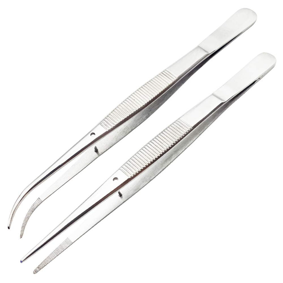 Stainless Steel Tweezer with Precision Serrated Tips and Positioning Straight and Curved Tweezers for Cooking Repairing Surgical Medical Beauty - 6.3 Inch 2PCS