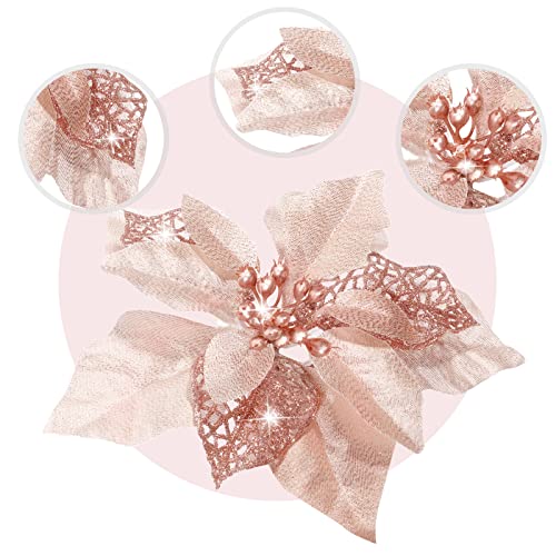 24 Pieces Christmas Artificial Glitter Poinsettia Flowers Xmas Flowers Wedding Christmas Tree New Year Ornaments(Rose Gold)