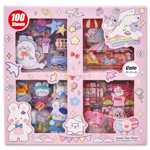 100 Sheets Kawaii Animal Scrapbook Stickers - Cute Cartoon Clear PET Decorative Sticker Set for Journaling Diary DIY Arts Crafts Album Planners Junk Journal Calendars Notebook
