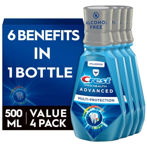 Crest Pro-Health Advanced Multi-Protection Mouthwash, Alcohol Free Mouthwash, Fresh Mint, 500 mL (16.9 Fl Oz), Pack of 4, Crest Mouthwash, Flouride Mouthwash
