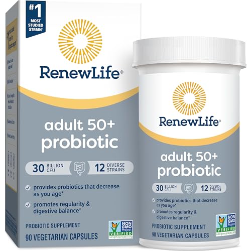 Probiotic Adult 50 Plus Probiotic Capsules, Daily Supplement Supports Urinary, Digestive and Immune Health, L. Rhamnosus GG, Dairy, Soy and gluten-free, 30 Billion CFU, 90 Count