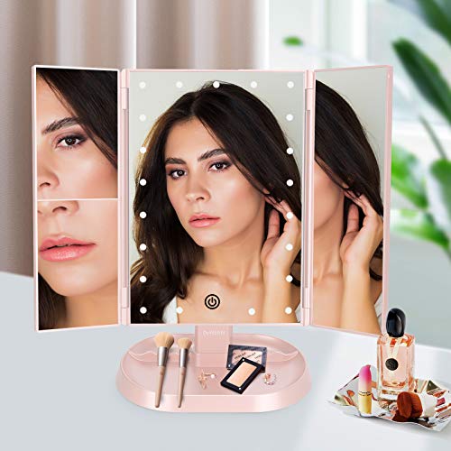 Trifold Lighted Vanity Makeup Mirror with 21 LED Lights,1x/2x/3x Magnification and Touch Screen Dimming,Two Power Supplies Makeup Mirror, Gift for Women