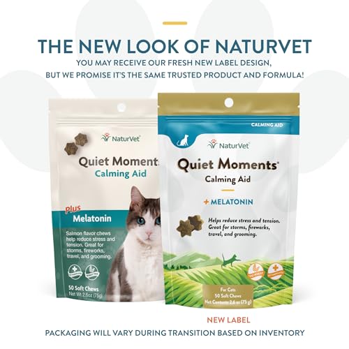 Quiet Moments Calming Aid Cat Supplement Plus Melatonin – Helps Reduce Stress in Cats – for Pet Storm Anxiety, Motion Sickness, Grooming, Separation, Travel – 50 Ct. Soft Chews