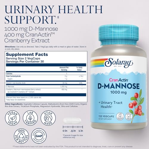 D-Mannose 1000mg with CranActin Cranberry Extract - D Mannose Cranberry Supplement with Vitamin C - Supports Urinary Tract and Bladder Health - Vegan, 60 Day Guarantee, 60 Serv, 120 VegCaps
