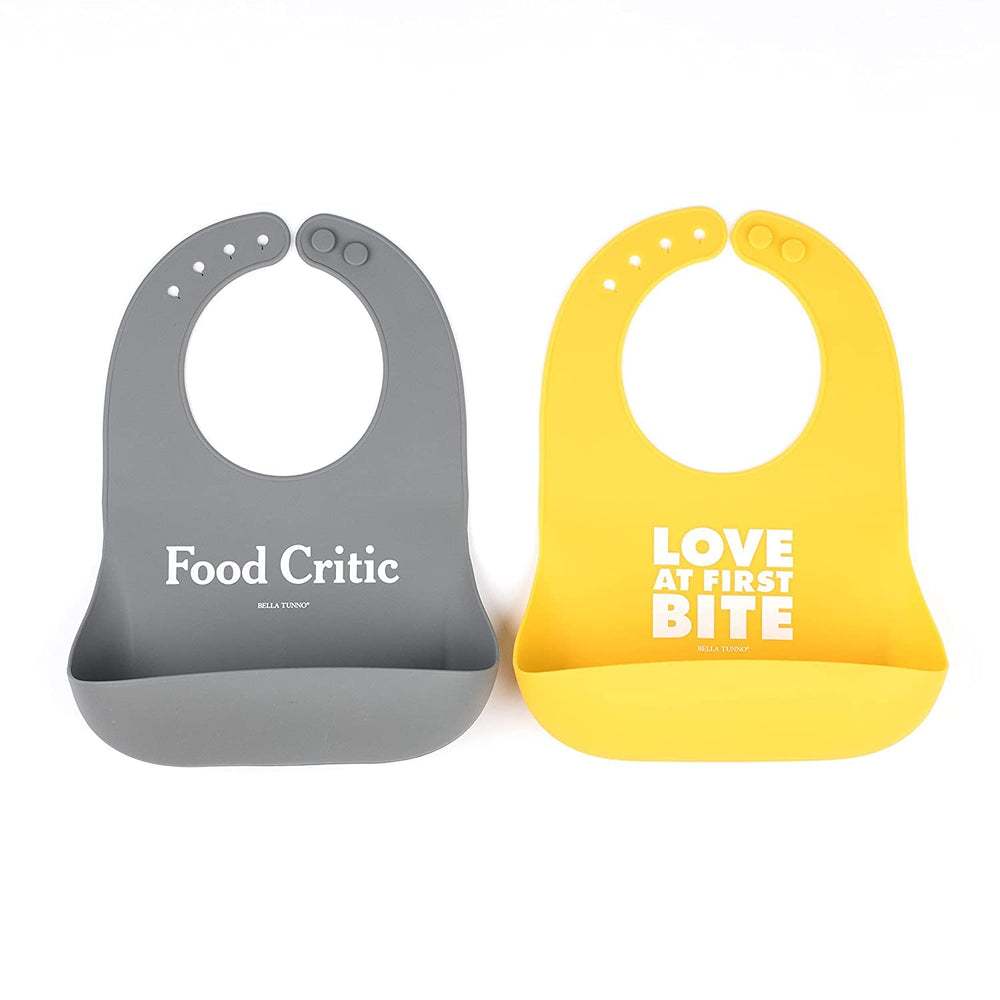 Wonder Bib 2pk - Adjustable Silicone Baby Bibs for Girls & Boys, Durable and Waterproof BPA Free Silicone, Love at First Bite & Food Critic