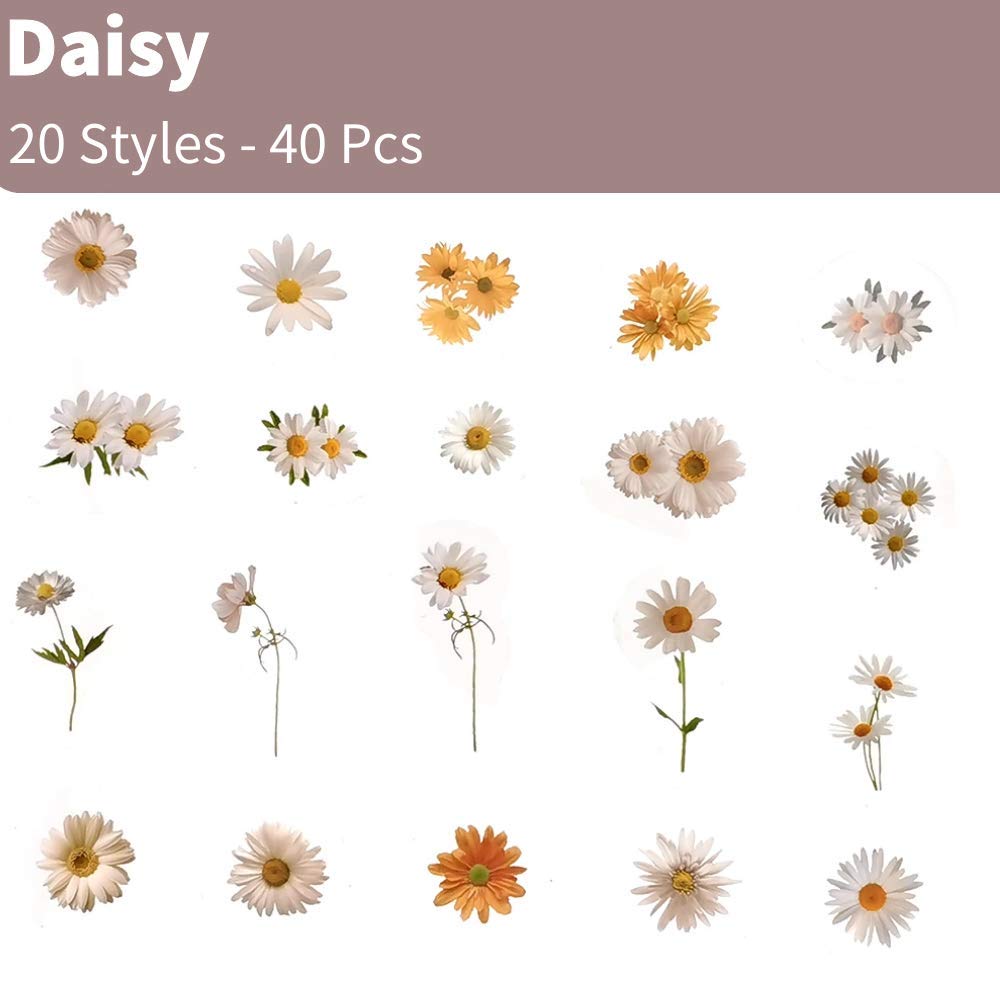 40 Pcs Flower Stickers Plant Washi Sticker Pack for Diary, Album, Notebook, Bullet Journal, DIY Arts and Crafts, Calendars (Daisy)