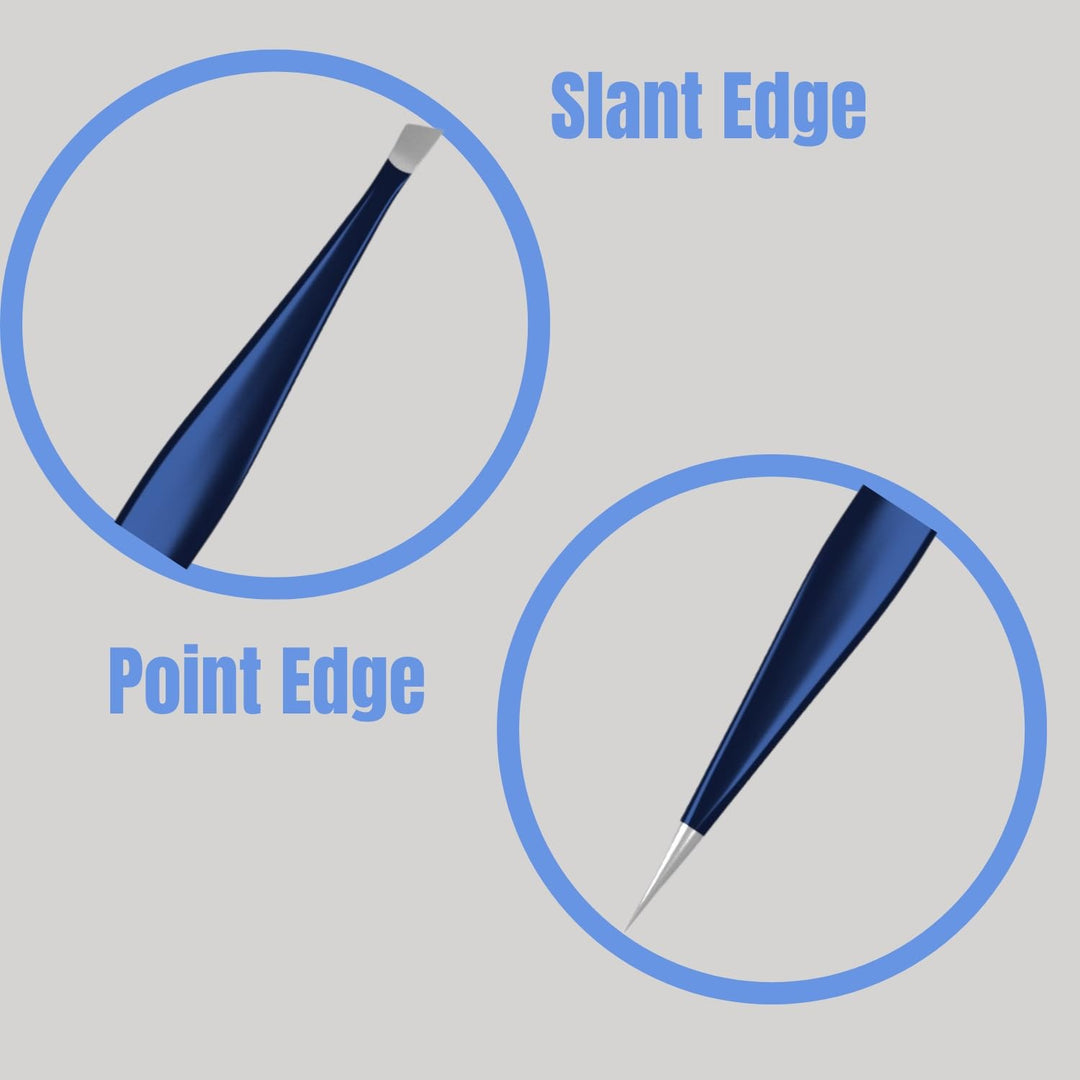 4 Precision Aligned Professional Tweezers Color Sets with Premium Stainless Steel. One Sharp Pointed Pair and One Slant Tip Pair for Eyebrow Shaping. Great for Ingrown Hair. (Blue)