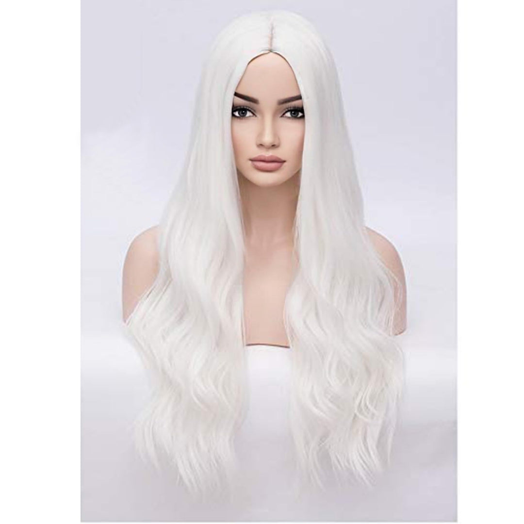 28' Women Girls Long Wavy Synthetic Wigs for Costume Play Party with Wig Cap (White)