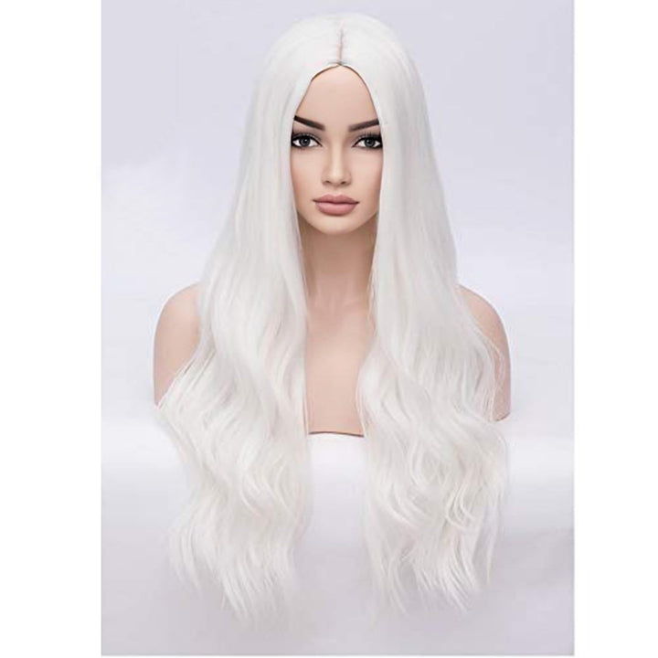 28' Women Girls Long Wavy Synthetic Wigs for Costume Play Party with Wig Cap (White)