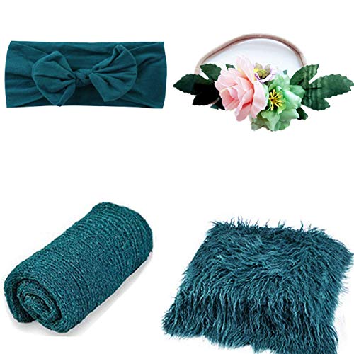 4 Pcs Newborn Photography Props Outfits- Baby Dark Green Long Ripple Wrap and Toddler Swaddle Blankets Photography Mat with Cute Headbands for Infant Boys Girls(0-12 Months)