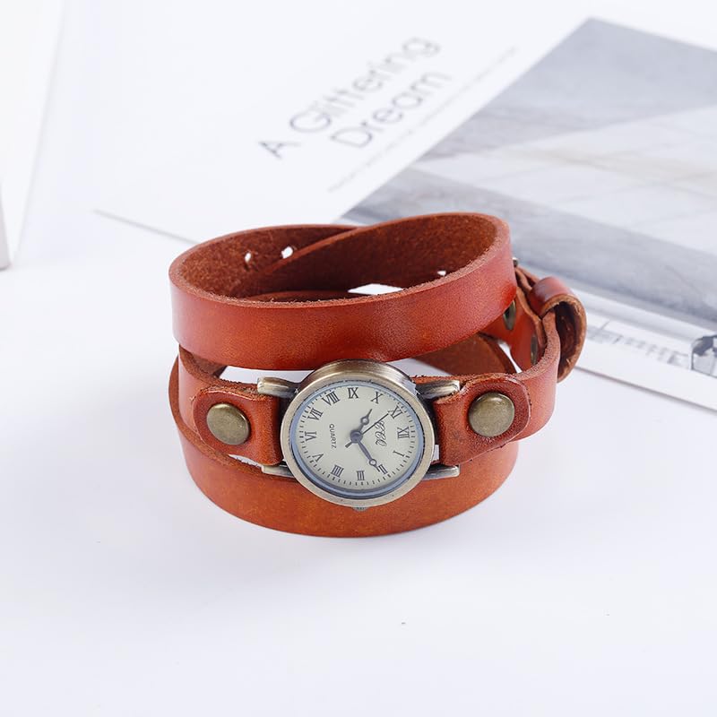 Mother's Gift Bohemian Style Analog Quartz Wrap Around Leather Watch Women Lady Watches with Vintage Bronze 26mm Dial Black (Simple Style)