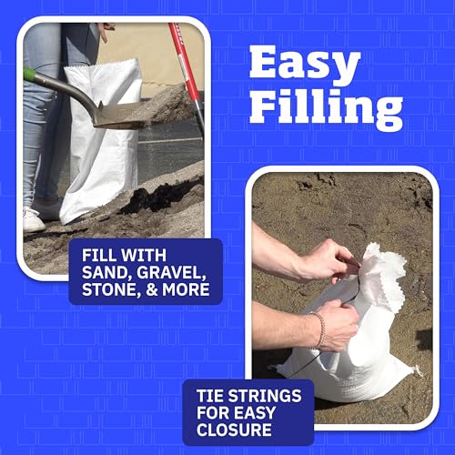 Heavy Duty Sand Bags with Tie Strings Empty Woven Polypropylene Sand-Bags for Flood Control with 1600 Hours of UV Protection, 50 lbs Capacity, 14x26 inches, White, Pack of 10
