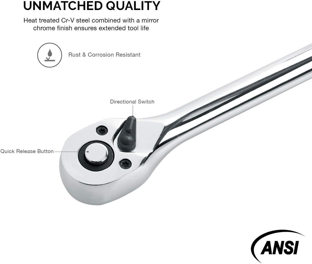 Neiko 03034A 3/8” Drive Extra Long Ratchet | 18” Length | 72 Tooth Gear | Cr-Mo Head | CR-V Steel