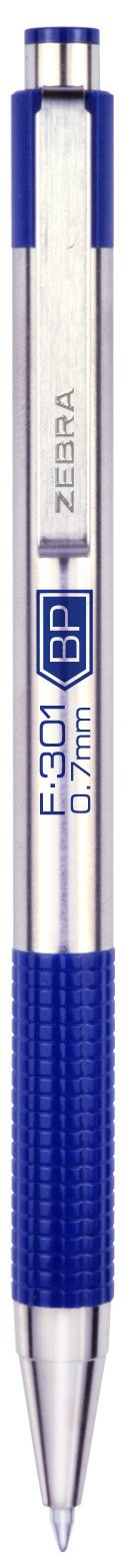 Zebra® F-301 Stainless Steel Retractable Ballpoint Pens, Fine Point, 0.7 mm, Stainless Steel Barrel, Blue Ink, Pack Of 2
