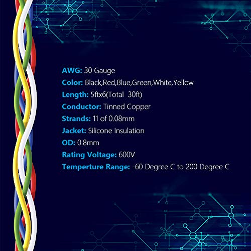 30 AWG Stranded Wire Spool 5ft Each 6 Colors Flexible 30 Gauge Silicone Hook up Wire Kit Electrical Tinned Copper Wire