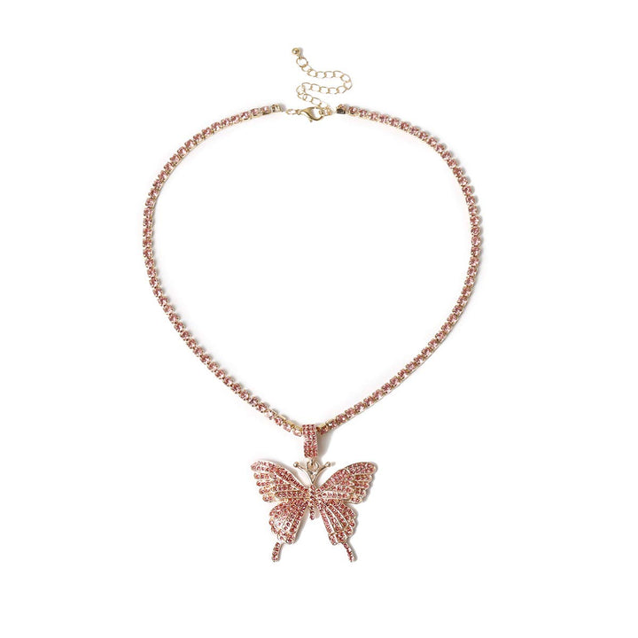 Bohemian Crystal Butterfly Choker Necklace Claw Chain Collar Necklace with Diamond-studded Butterfly Pendant Boho Prom Party Festival Jewelry for Women and Girls (Pink)
