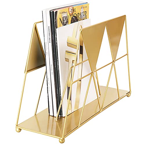 Tabletop Metal Wire Magazine Rack, Geometric Style Gold File Organizer, Contemporary Magazine Holder
