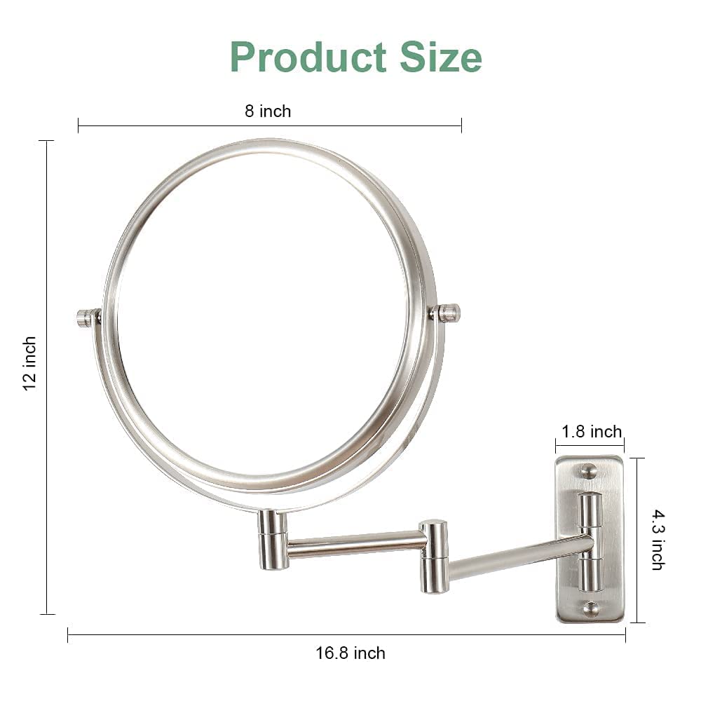 Makeup Mirror Wall Mounted, 1x/ 10x Magnifying Makeup Mirror, 8 Double Sided Make up Mirror with 360 Degree Swivel Extendable Arm, Home Bathroom Shaving Vanity Mirror (Nickel)