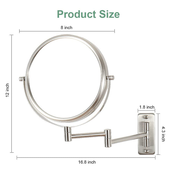 Makeup Mirror Wall Mounted, 1x/ 10x Magnifying Makeup Mirror, 8 Double Sided Make up Mirror with 360 Degree Swivel Extendable Arm, Home Bathroom Shaving Vanity Mirror (Nickel)