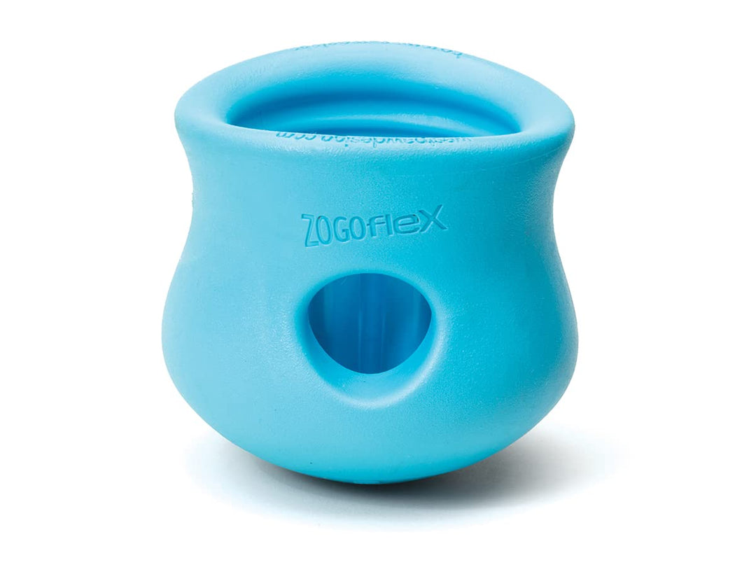 West Paw Zogoflex Toppl Treat Dispensing Dog Toy Puzzle – Interactive Chew Toys for Dogs – Dog Toy for Moderate Chewers, Fetch, Catch – Holds Kibble, Treats, Large 4, Aqua Blue