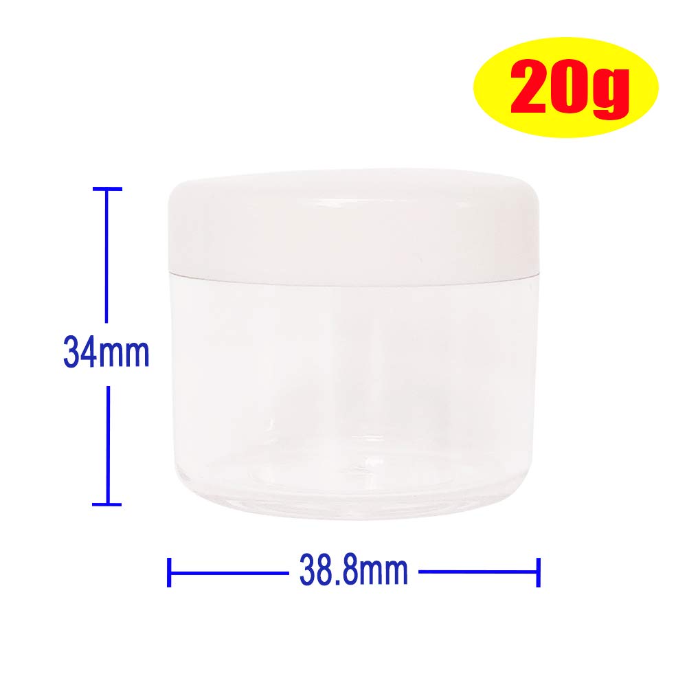 16pack 20g Empty Sample Jars, 20ml Small Plastic Refillable Cosmetic Container for Makeup Eyeshadow Jewelry Cream Slime Bath Lotions Oils, Clear Round Pot w/ WHITE Lid, Free Spatulas +Label