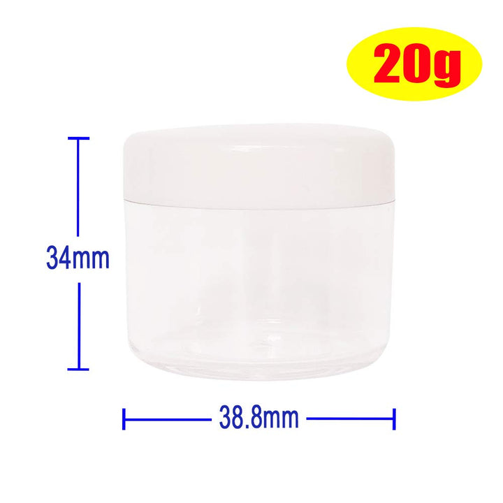 16pack 20g Empty Sample Jars, 20ml Small Plastic Refillable Cosmetic Container for Makeup Eyeshadow Jewelry Cream Slime Bath Lotions Oils, Clear Round Pot w/ WHITE Lid, Free Spatulas +Label