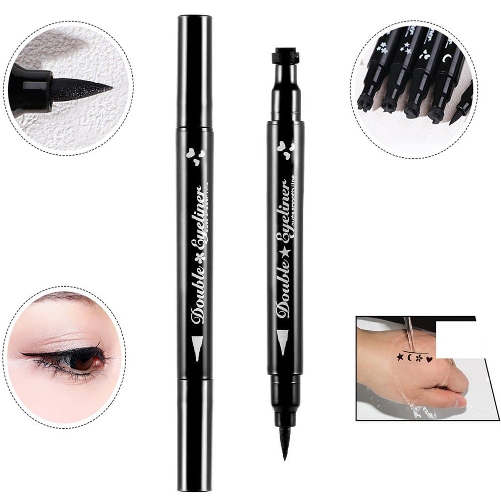 2 in 1 Double-headed Liquid Eyeliner Pen Stamp Super Slim Gel Felt Tip High Pigment Black Waterproof Smudgeproof Long Lasting Makeup Tool(Heart)