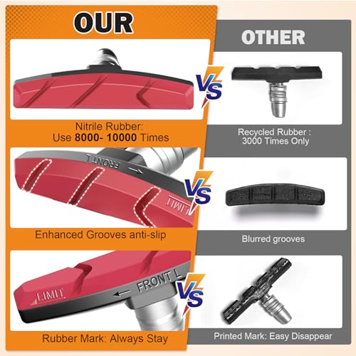 Bike Brake Pads Set, 6PCS Road Mountain Bicycle V-Brake Blocks Shoes with Hex Nut and Shims, No Noise No Skid, 70mm, for Front and Back Wheel (Red)