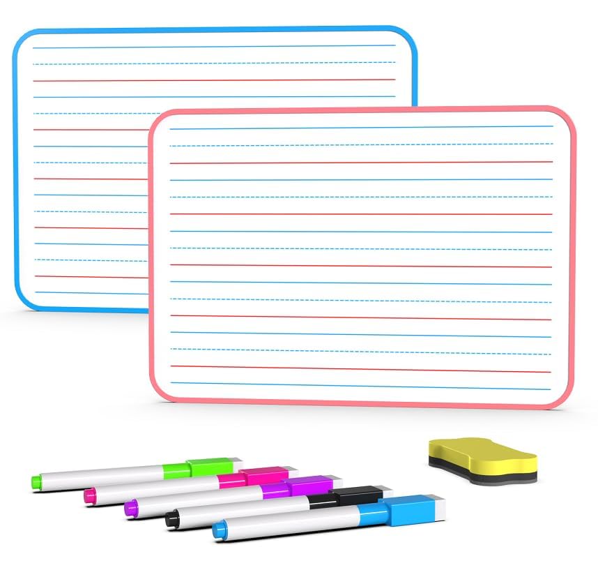 Ruled Dry Erase Lapboard, Double Sided Dry Erase Board, Small Whiteboard for Kids, Dry Erase Board with Lines for Learning Writing (Set of 2)