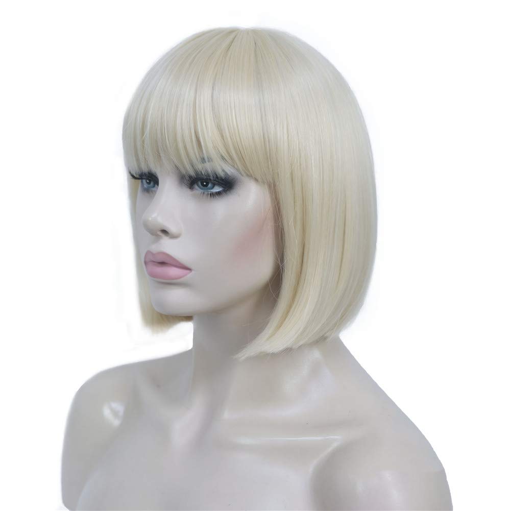 Short Straight Bob Wig Cute Flat Bangs Synthetic Full Women Wigs(613-Pale Blonde)