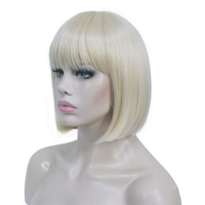 Short Straight Bob Wig Cute Flat Bangs Synthetic Full Women Wigs(613-Pale Blonde)