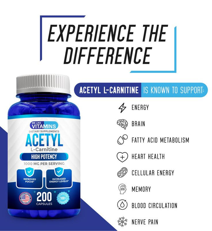 Acetyl L-Carnitine 1000mg Capsules - 200 Easy to Swallow Veggie Capsules - Acetyl l Carnitine Supplement Helps Support Focus, Brain Function, and Energy