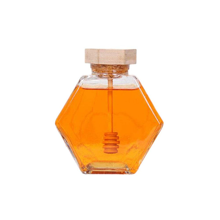 Honey Jar Glass Hexagon Shape Honey Pot Container with Wooden Dipper and Cork Lid Cover Honey Syrup Beehive Storage for Home Kitchen,12 Oz